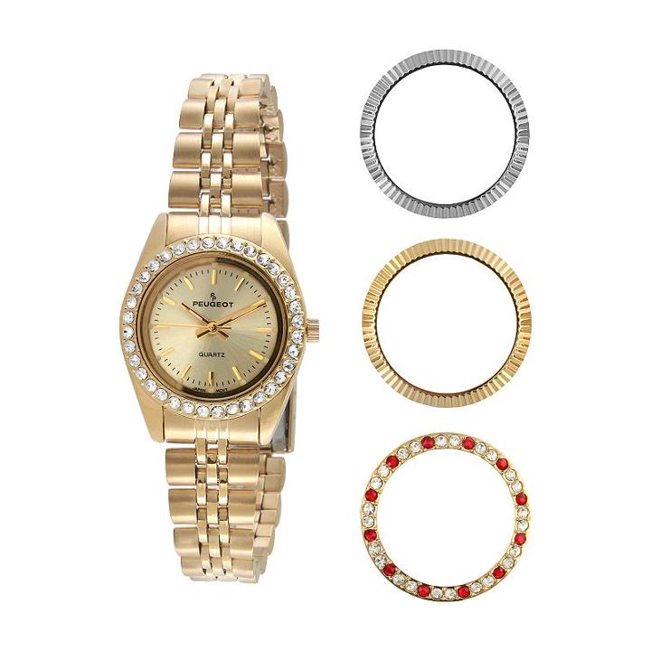 Peugeot Women's Crystal Watch & Interchangeable Bezel Set - 405g, Yellow, Durable