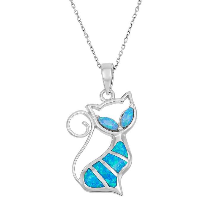 Lab-created Blue Opal Sterling Silver Cat Pendant Necklace, Women's, Size: 18