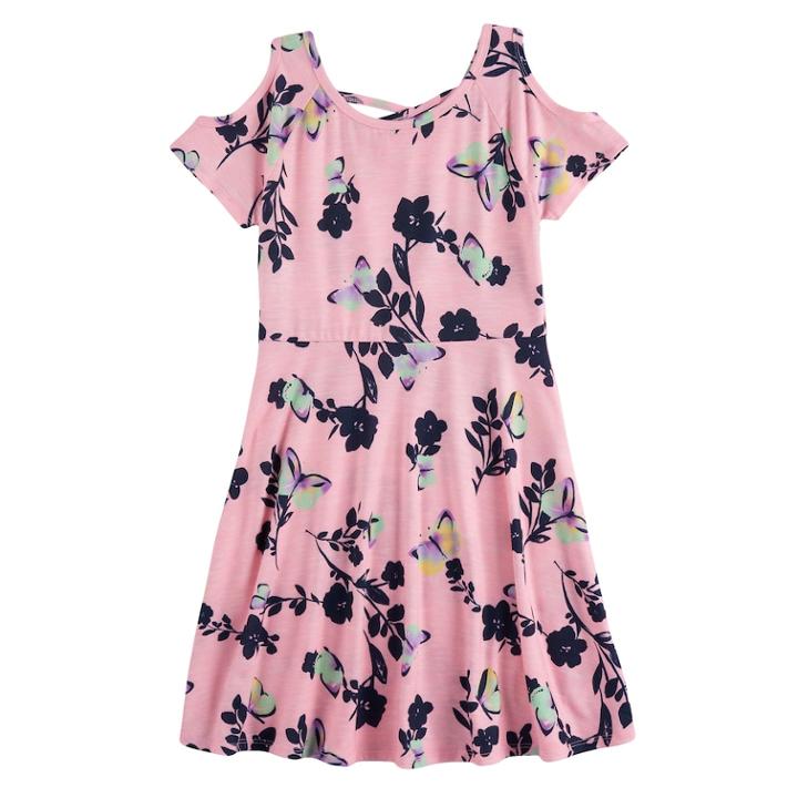 Girls 7-16 So&reg; Patterned Cold Shoulder Criss-cross Dress, Size: S/7-8, Brt Pink