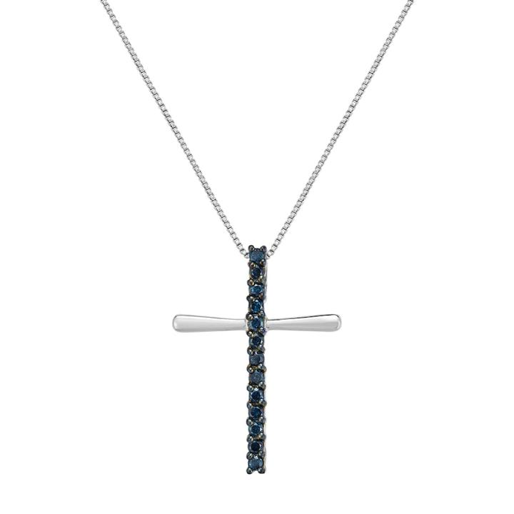 Sterling Silver 1/4 Carat T.w. Blue Diamond Cross Pendant Necklace, Women's, Size: 18