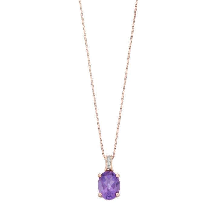 14k Rose Gold Over Silver Amethyst & Diamond Accent Oval Pendant Necklace, Women's, Size: 18, Purple