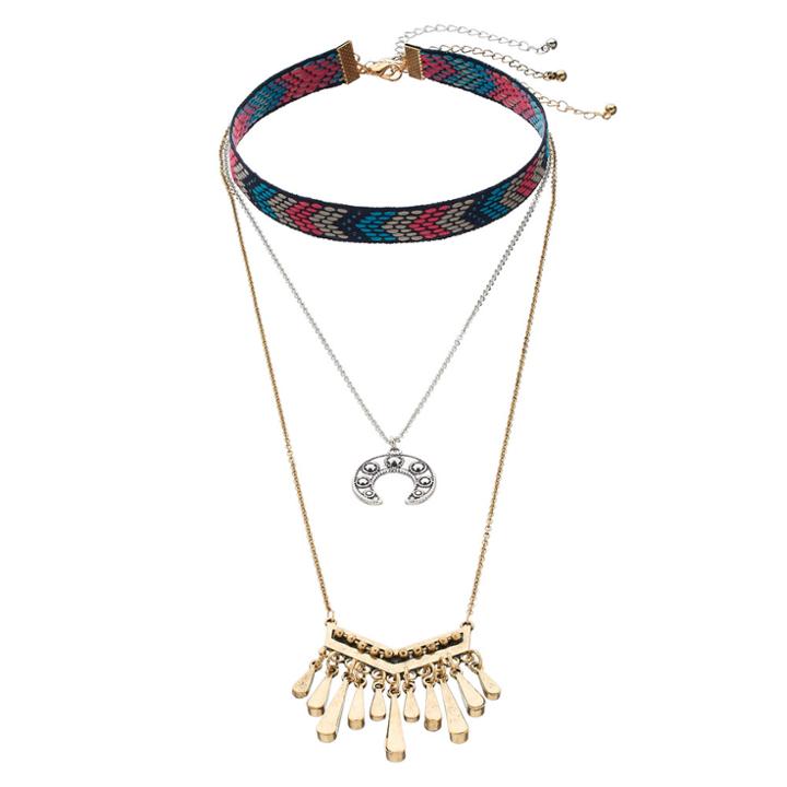Mudd&reg; Chevron Choker, Crescent Pendant & Fringe Necklace Set, Women's, Multicolor
