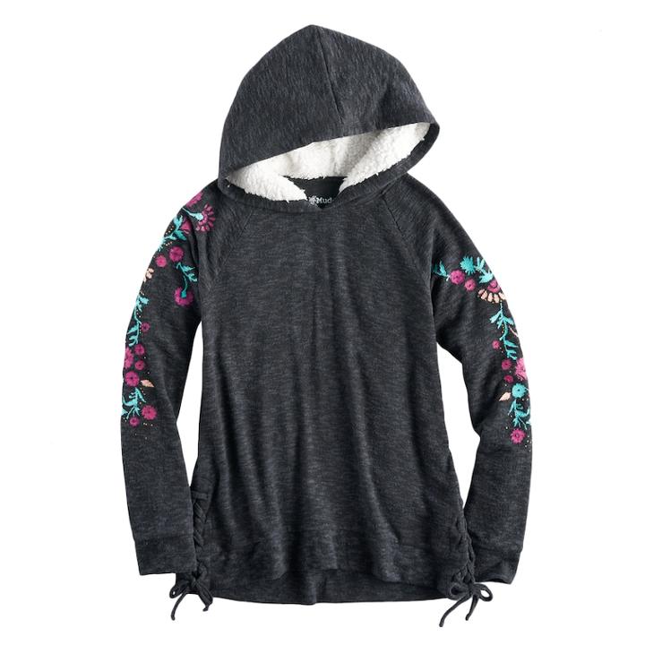 Girls 7-16 Mudd Side-seam Lace-up Sherpa Hoodie, Size: 14, Black