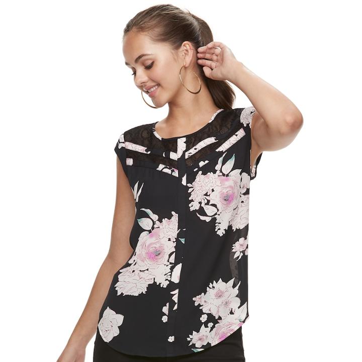 Juniors' Candie's&reg; Print Lace Inset Top, Teens, Size: Large, Black