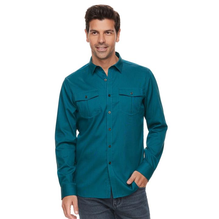 Big & Tall Men's Marc Anthony Slim-fit Texture-striped Military Button-down Shirt, Size: M Tall, Turquoise/blue (turq/aqua)