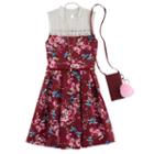 Girls 7-16 Knitworks Lace Yoke Floral Skater Dress With Crossbody Purse, Size: 10, Dark Red