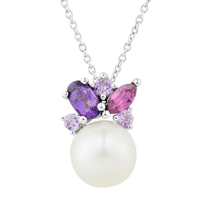 Sterling Silver Freshwater Cultured Pearl & Gemstone Cluster Pendant, Women's, Size: 18, Multicolor