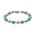 Jadeite & Freshwater Cultured Pearl Sterling Silver Bracelet, Women's, Size: 7.5, Green