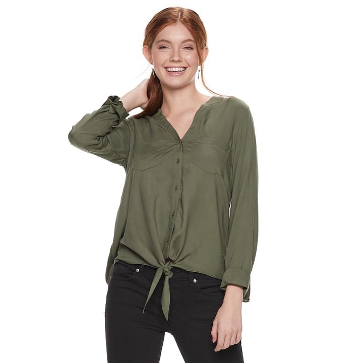 Juniors' So&reg; Knit To Woven Button Down Top, Teens, Size: Large, Med Green