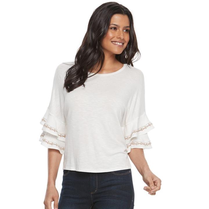 Women's Apt. 9&reg; Embroidered Flutter Tee, Size: Small, White