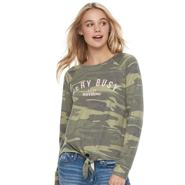 Juniors' Awake Camo Very Busy Doing Nothing Graphic Top, Teens, Size: Medium, Green