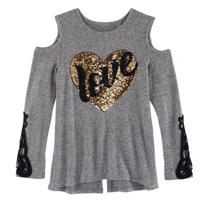 Girls 7-16 Miss Chievous Cold Shoulder Sequin Applique Tee, Size: Large, Black