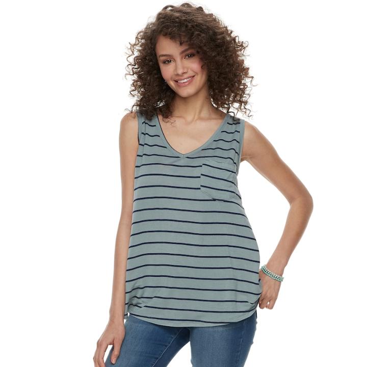 Juniors' So&reg; Striped Pocket V-neck Tank, Teens, Size: Small, Med Green