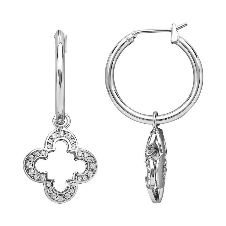 Marie Claire Jewelry Crystal Silver Tone Clover Hoop Drop Earrings, Women's, White