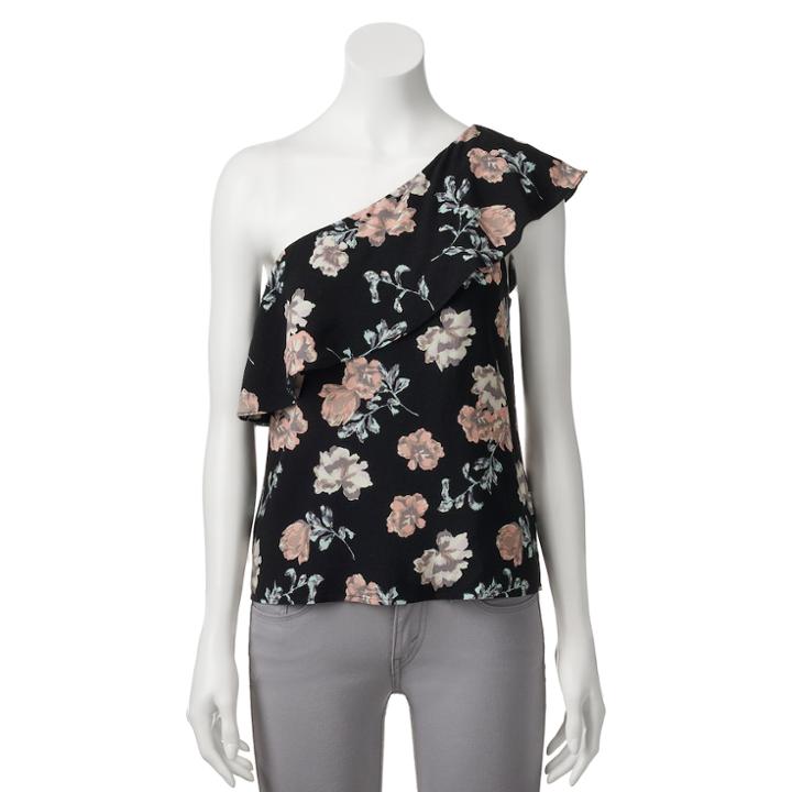 Juniors' Love, Fire One Shoulder Floral Print Top, Teens, Size: Xs, Black Floral