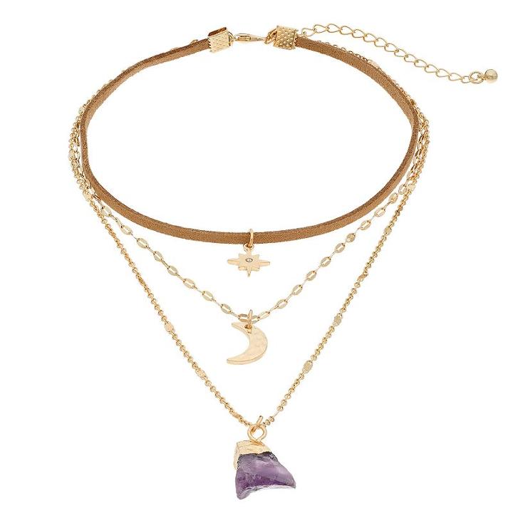 Mudd&reg; Star, Crescent Moon & Purple Stone Layered Pendant Choker Necklace, Women's, Black