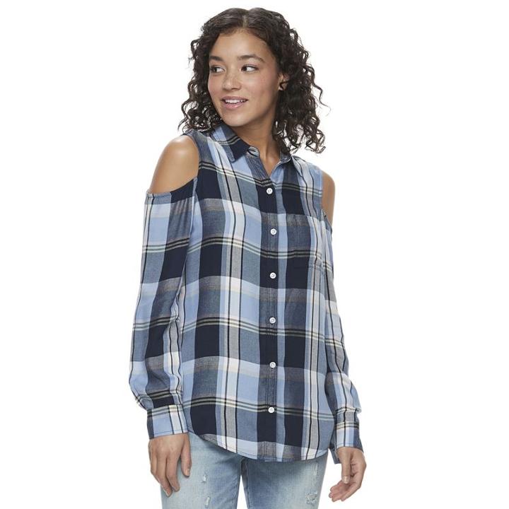 Juniors' So&reg; Cold Shoulder Pleated Shirt, Girl's, Size: Medium, Light Blue