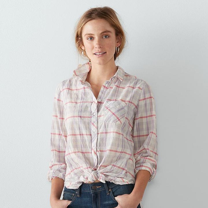 Women's Sonoma Goods For Life&trade; Plaid Tie-front Shirt, Size: Xxl, Dark Green