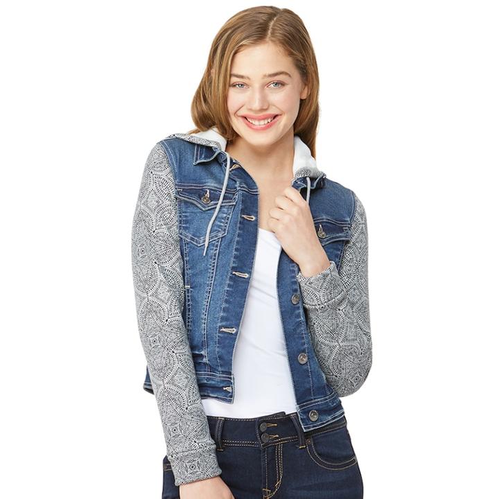 Juniors' Wallflower Dreamer Hooded Knit-sleeve Denim Jacket, Teens, Size: Xl, Brt Orange