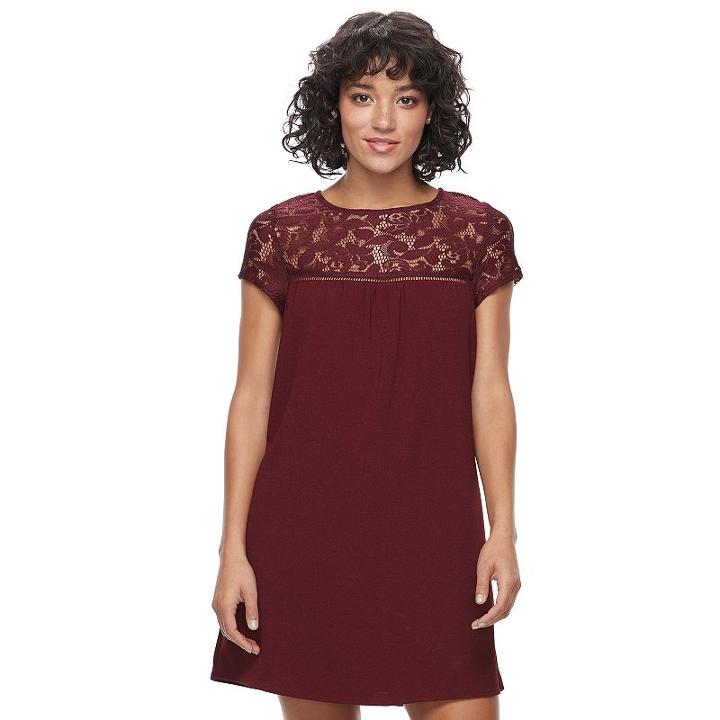 Juniors' Speechless Illusion Lace Yoke Shift Dress, Teens, Size: Medium, Dark Red