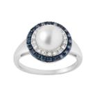 Freshwater Cultured Pearl And 1/4 Carat T.w. Blue And White Diamond Sterling Silver Halo Ring, Women's, Size: 7
