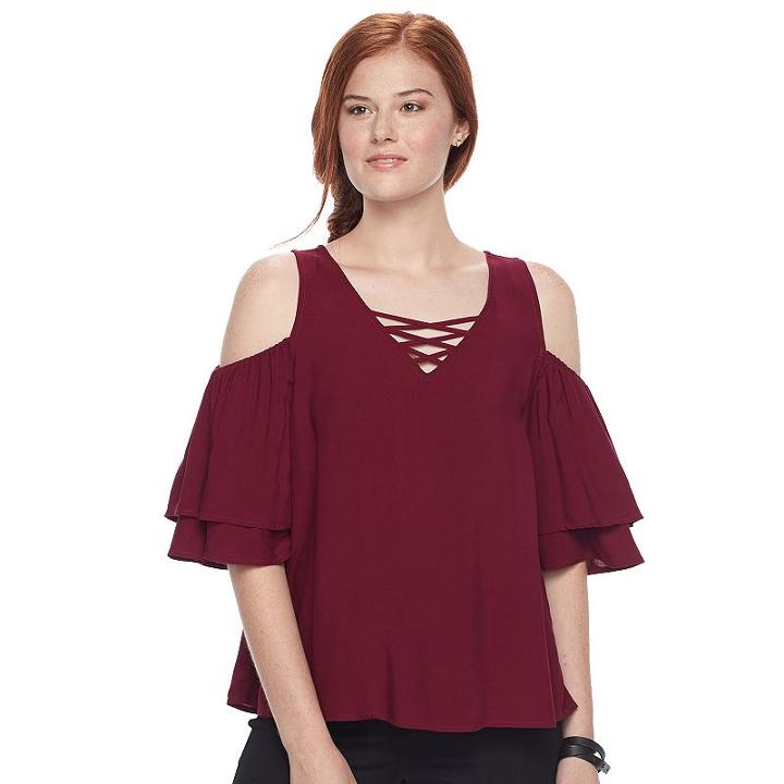 Juniors' So&reg; Crisscross Cold-shoulder Top, Teens, Size: Large, Dark Brown