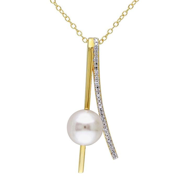 Freshwater Cultured Pearl & Diamond Accent Sterling Silver Curved Bar Pendant Necklace, Women's, Size: 18, White