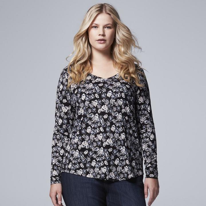 Plus Size Simply Vera Vera Wang Print Rounded-hem Tee, Women's, Size: 1xl, Dark Blue