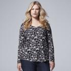 Plus Size Simply Vera Vera Wang Print Rounded-hem Tee, Women's, Size: 1xl, Dark Blue