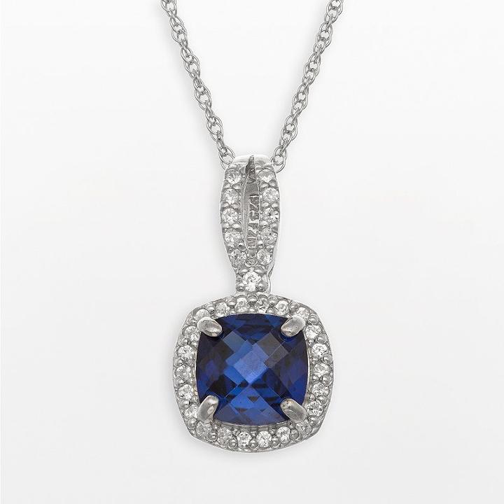 Sterling Silver Lab-created Blue And White Sapphire Square Halo Pendant, Women's, Size: 18, Multicolor