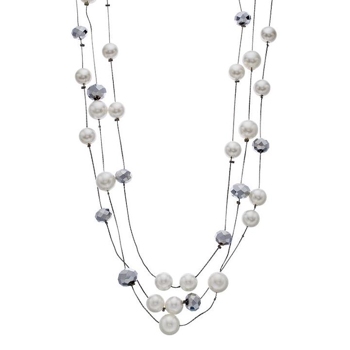 Long Simulated Pearl & Faceted Bead Multi Strand Necklace, Women's, White