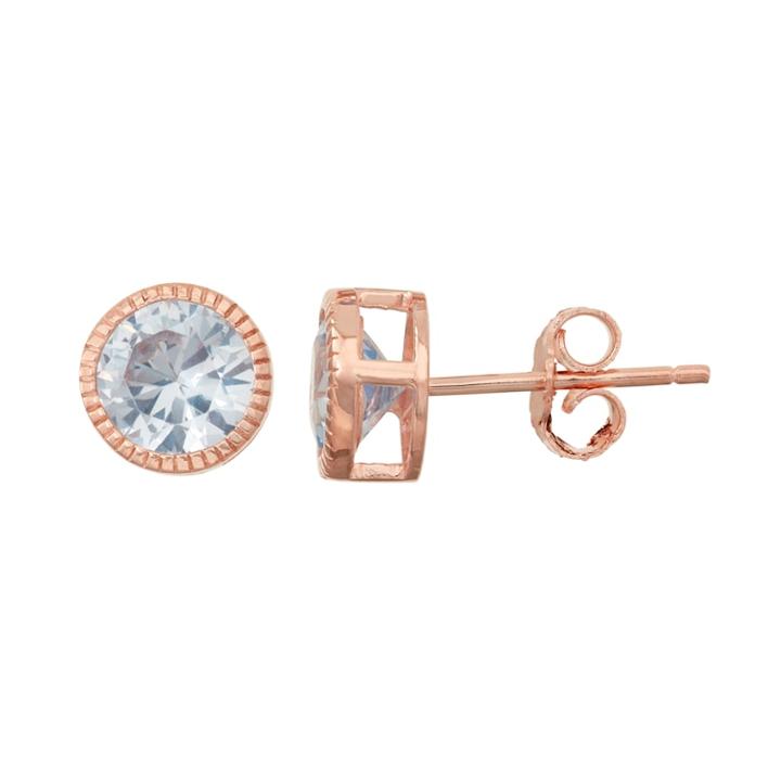 14k Rose Gold Over Silver Lab-created Aquamarine Milgrain Stud Earrings, Women's, Blue