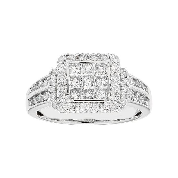 10k White Gold 1 Carat T.w. Diamond Square Halo Engagement Ring, Women's, Size: 8.50