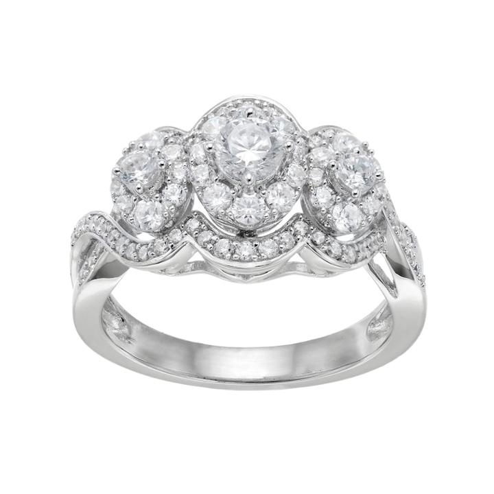 10k White Gold 1 Carat T.w. Diamond 3-stone Halo Engagement Ring, Women's, Size: 7