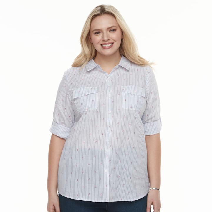 Plus Size Croft & Barrow&reg; Roll-tab Woven Shirt, Women's, Size: 3xl, White