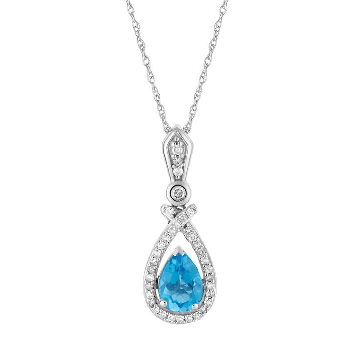 10k White Gold Swiss Blue Topaz & 1/6 Carat T.w. Diamond Teardrop Halo Pendant, Women's, Size: 18