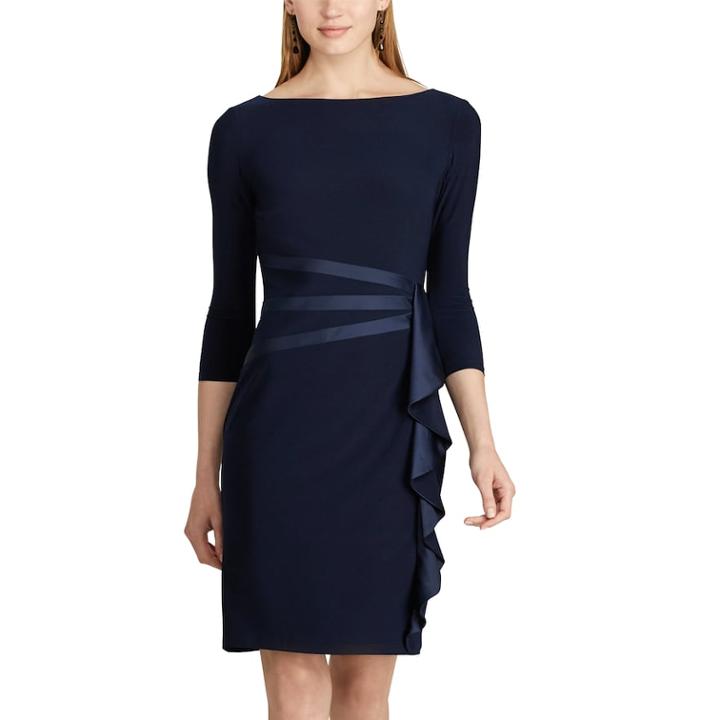 Petite Chaps Satin Trim Jersey Dress, Women's, Size: M Petite, Blue (navy)