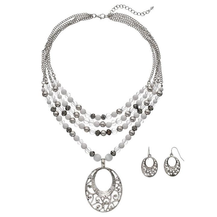 White Beaded Multi Strand Filigree Oval Pendant Necklace & Drop Earring Set, Women's