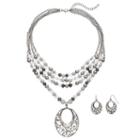 White Beaded Multi Strand Filigree Oval Pendant Necklace & Drop Earring Set, Women's