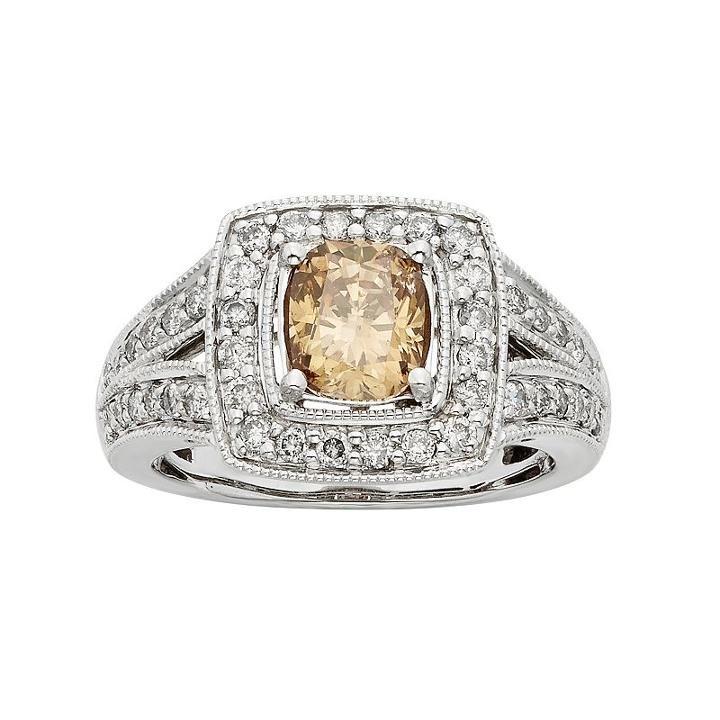 Igl Certified Champagne & White Diamond Square Halo Engagement Ring In 14k White Gold (1 1/2 Carat T.w.), Women's, Size: 6, Brown