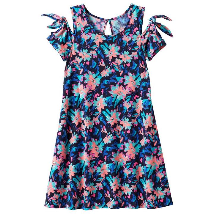 Girls 7-16 & Plus Size So&reg; Patterned Cold Shoulder Swing Dress, Girl's, Size: 14 1/2, Dark Grey