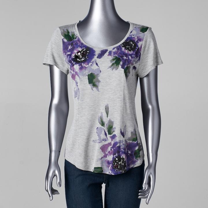 Petite Simply Vera Vera Wang Printed Scoopneck Tee, Women's, Size: Xs Petite, White