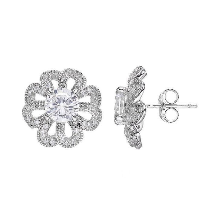 Sterling Silver Cubic Zirconia Openwork Flower Drop Earrings, Women's