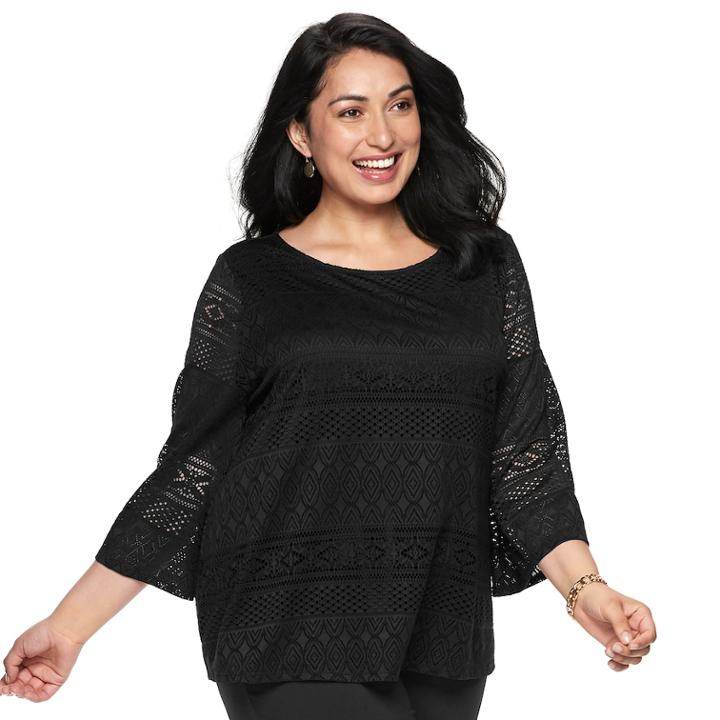 Plus Size Dana Buchman Lace Bell-sleeve Top, Women's, Size: 1xl, Black