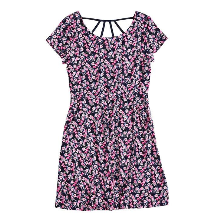 Girls 7-16 Three Pink Hearts Strappy Skater Dress, Size: 7, Dark Blue