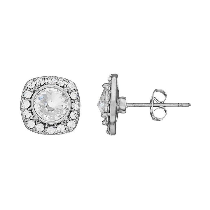 Brilliance Silver Plated Square Halo Stud Earrings With Swarovski Crystals, Women's, White