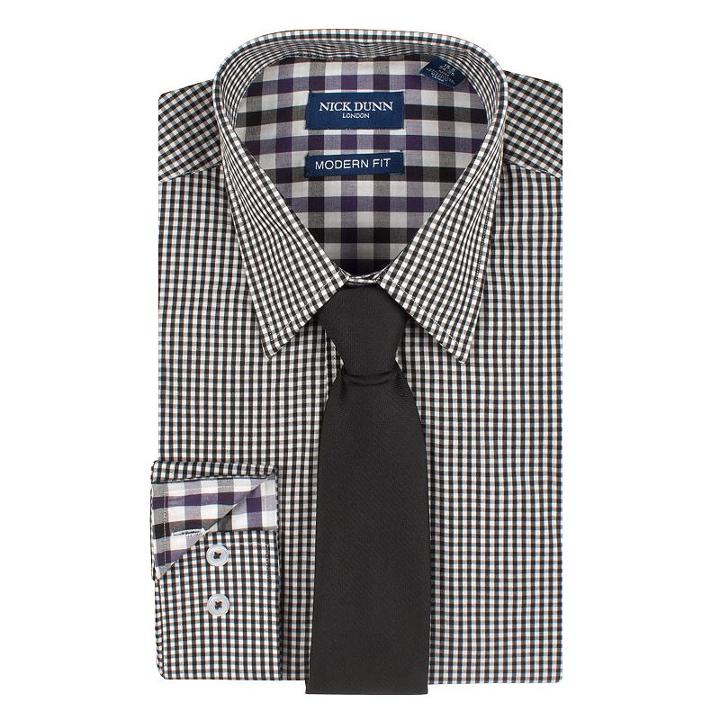 Men's Nick Dunn Modern-fit Patterned Easy-care Spread-collar Dress Shirt & Tie Set, Size: M-34/35, Black