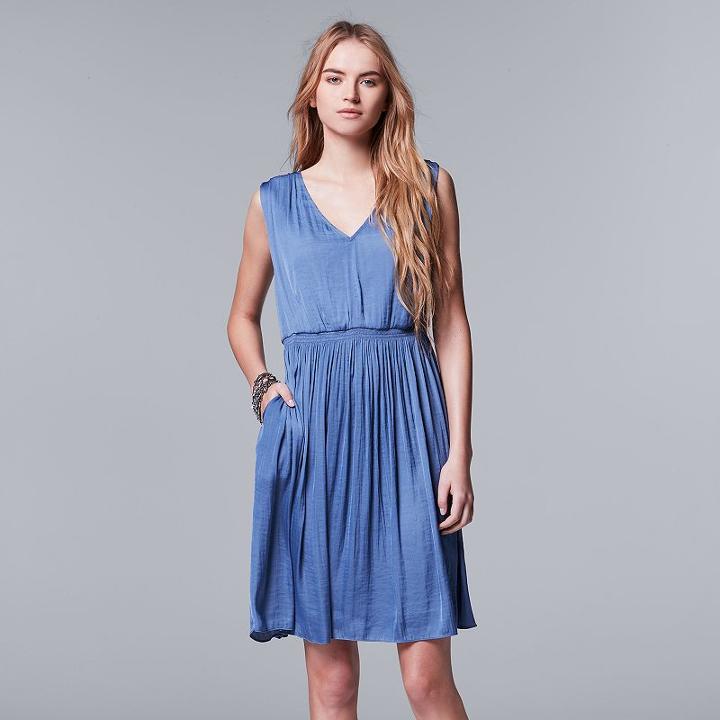 Women's Simply Vera Vera Wang V-neck Smocked Dress, Size: Xl, Blue (navy)