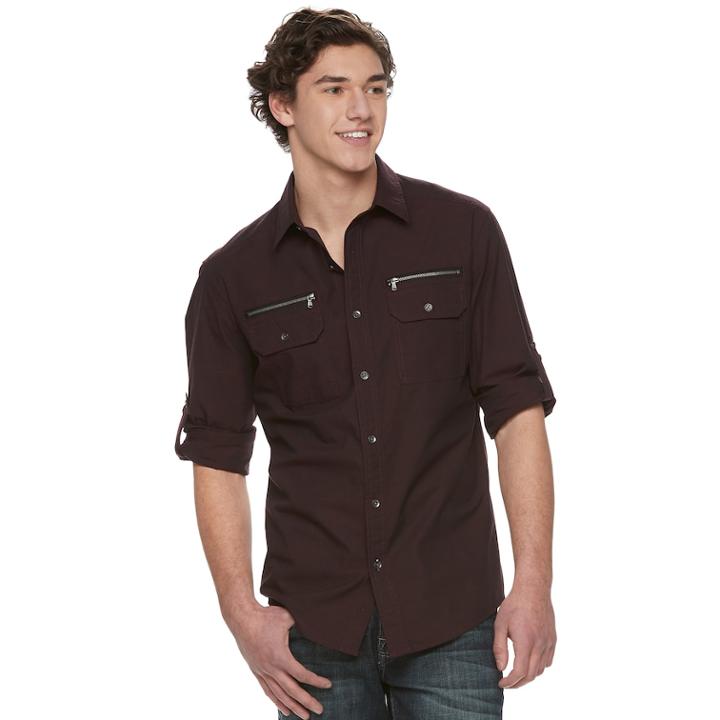 Men's Rock & Republic Zipper-pocket Button-down Shirt, Size: Medium, Med Red