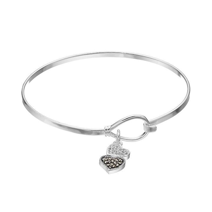 Silver Luxuries Marcasite & Crystal Heart Charm Bangle Bracelet, Women's, White